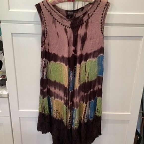 Tie Dyed Embroidered Flowy Boho Dress One Size 100% Viscose Hippie Womens - Picture 1 of 7